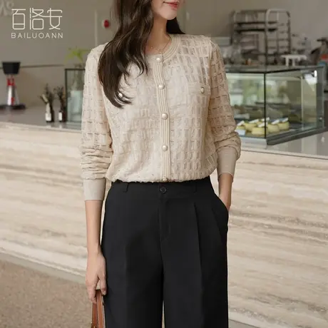 百洛安气质小香风编织格羊毛针织开衫女春新圆领宽松长袖毛衣外套图片