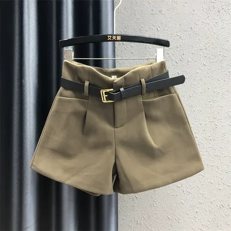 欧货气质高腰阔腿裤女潮2023秋冬新款咖啡色宽松显瘦毛呢西装短裤图片