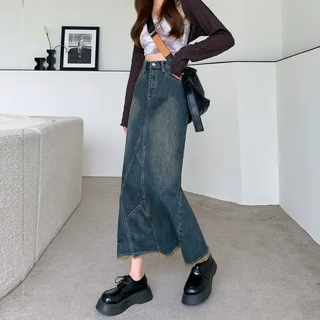 复古开叉半身牛仔裙女春秋2023年新款高腰显瘦a字设计感小众裙子图片