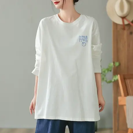 dza 复古阔版宽松白色长袖T恤女士春秋内搭打底衫休闲纯棉体恤衫商品大图