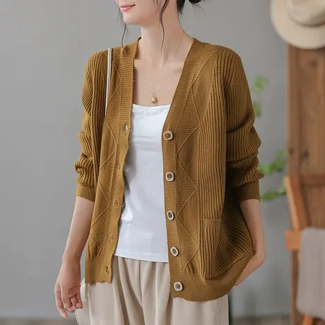 dza 复古休闲棉线毛衣外套女2023秋新款宽松V领针织开衫百搭上衣图片