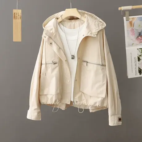 欧货连帽冲锋衣女短款2024春秋装新款小个子休闲运动百搭开衫外套图片