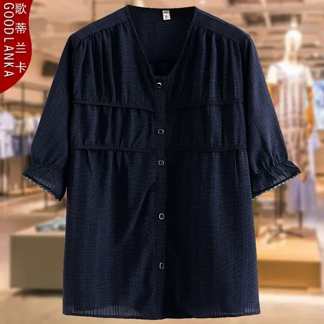 加肥加大码胖妈妈夏装上衣2023新款宽松遮肚洋气格子五分袖T恤女商品大图