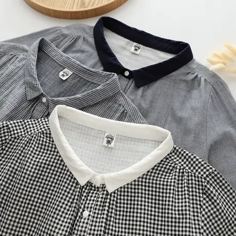 秋装新款文艺撞色翻领双层棉纱长袖衬衫女宽松休闲小格子打底衬衣图片