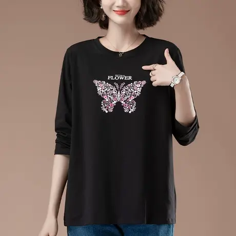 中年妈妈长袖t恤女春秋新款加肥加大码宽松全棉遮肚子显瘦打底衫商品大图