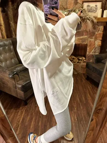 韩国百搭混搭时尚单品开叉设计感中长款底边大标休闲白长袖T恤女商品大图