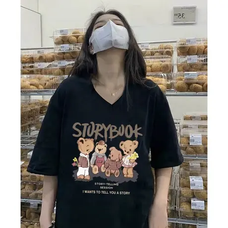 纯棉t恤女夏v领大码胖mm宽松显瘦潮ins短袖2023新款小熊印花上衣图片