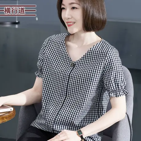 V领宽松上衣格子短袖t恤纯棉打底衫休闲半袖夏装新款大码女妈妈装商品大图