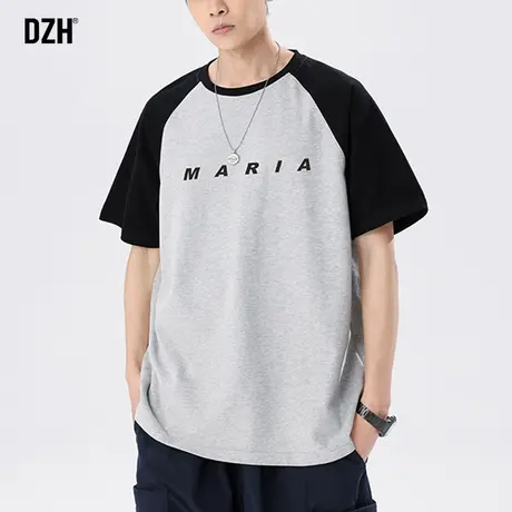 男士插肩袖t恤男短袖夏季美式撞色印花圆领上衣2023新款半袖体恤商品大图