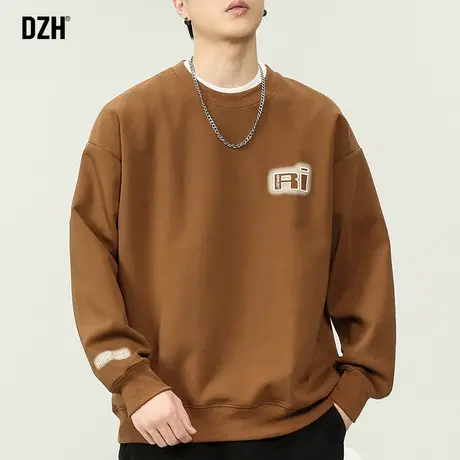 男士咖色圆领卫衣男重磅圆领2025年新款美式休闲外套长袖印花上衣商品大图