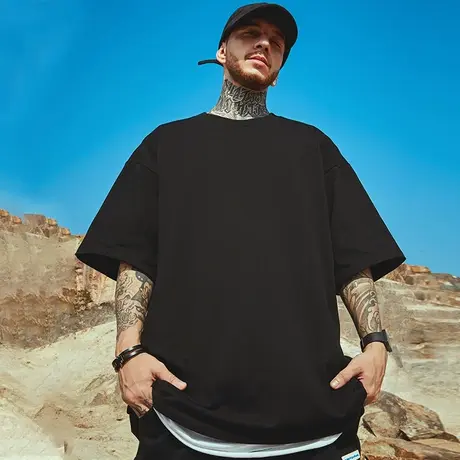 加肥加大纯色宽松T恤男士打底衫纯棉胖子半袖大码男装短袖五分袖商品大图