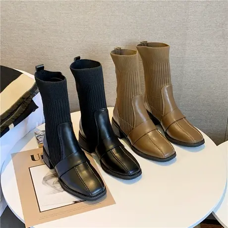 马丁靴女英伦风秋冬加绒中筒骑士靴粗跟方头网红瘦瘦靴切尔西短靴商品大图