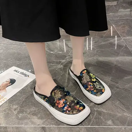 丑萌方头半拖鞋女夏外穿2024年新款透气网纱亮片孕妇软底包头拖鞋商品大图