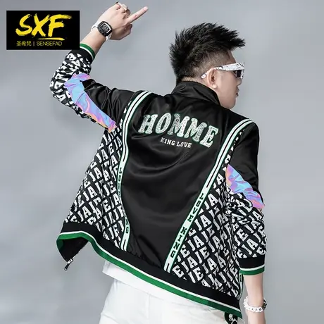 SXF圣希梵男士夹克 2023春装新款炫彩字母烫钻外衣帅气外套男潮牌商品大图