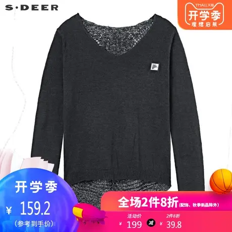 sdeer圣迪奥女装时尚休闲V领创意拼接字母贴布长袖毛衣S191A3547🔱图片