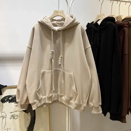 慵懒连帽抽绳卫衣女冬季加厚加绒宽松百搭显瘦vintage上衣外套潮图片