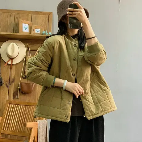 dza 复古纯色加厚方格子棉衣外套女士冬季新款保暖棒球领棉服上衣商品大图