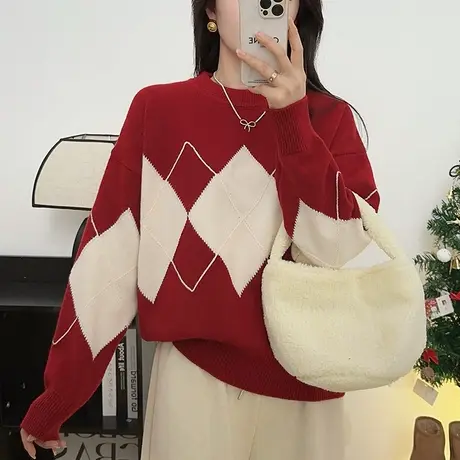 新年氛围感复古红毛衣女加厚宽松慵懒风外穿上衣秋冬休闲针织打底商品大图