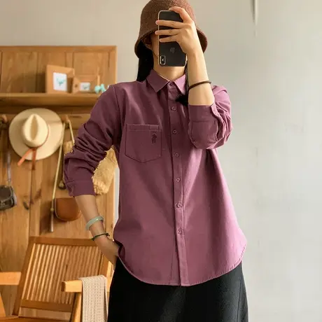 dza 复古口袋加绒衬衫女冬长袖外穿衬衣外套休闲宽松翻领口袋上衣图片