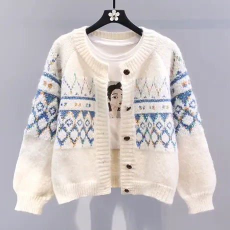 复古慵懒风菱格毛衣外套女冬季2024新款宽松加厚单排扣针织开衫图片