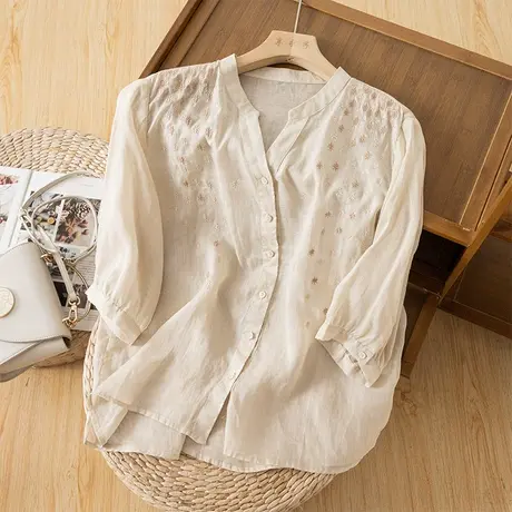 享永子五分袖刺绣苎麻漂亮衬衫女夏文艺复古棉麻小衫上衣2024新款商品大图