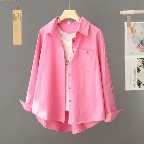 设计感小众玫红色衬衫女纯棉长袖宽松休闲别致衬衣外套春秋季上衣图片
