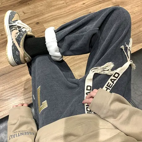 美式潮牌加绒运动裤子男秋冬季宽松卫裤ins阔腿休闲长裤嘻哈高街商品大图