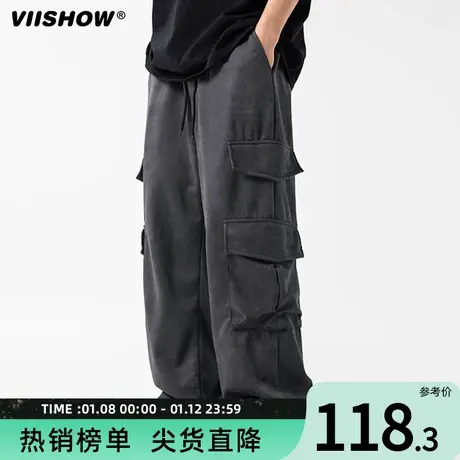 VIISHOW美式复古伞兵工装裤男2024年春季新款阔腿直筒宽松休闲裤商品大图