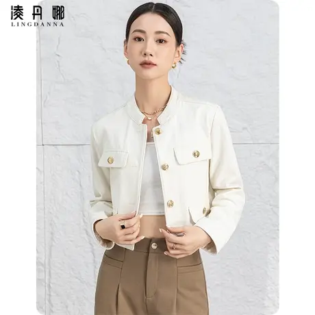 米色小香风短款牛仔外套女2024新款春夏休闲时尚女装洋气立领宽松商品大图