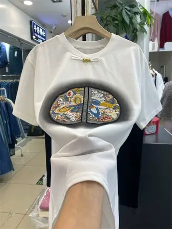 新中式钉珠盘扣提花刺绣短袖T恤女春季新款时尚复古气质打底上衣商品大图