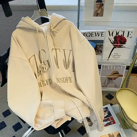 美式复古设计感连帽外套女秋冬加绒加厚潮牌小众宽松大码开衫卫衣图片