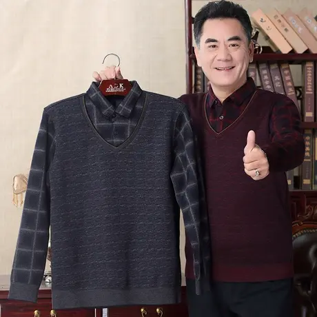 爸爸毛衣加绒加厚假两件套衬衫领保暖款冬季中老年人男士打底衫图片