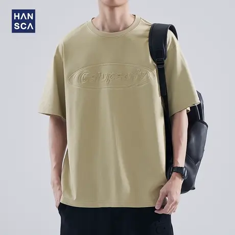 hansca 210g重磅短袖T恤男美式复古立体钢印宽松大码休闲半袖上衣图片