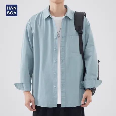 hansca翻领长袖衬衫男春季新款日系纯色简约高级百搭休闲上衣外套商品大图