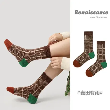 2023秋冬款女加厚中筒袜复古风格纹印花长袜新款美拉德风保暖棉袜商品大图