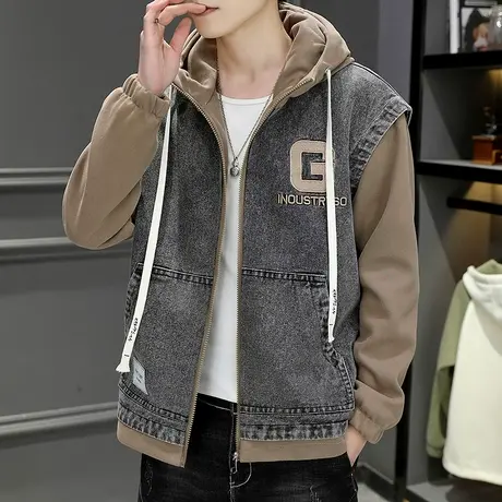 牛仔外套男潮牌宽松休闲夹克秋季假两件拼接痞帅气连帽秋装上衣服商品大图