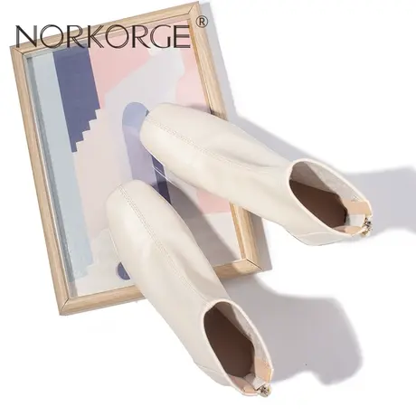 2023新款秋复古学院风温柔白色时装瘦瘦靴女鞋真皮粗跟中跟小短靴商品大图