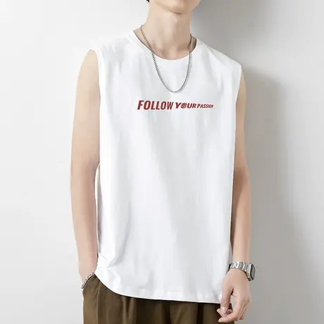 纯棉背心男士夏季外穿字母印花白色运动坎肩无袖t恤健身篮球跨栏商品大图