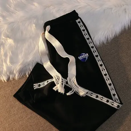 港风冰丝裤子男夏季薄款编织抽绳阔腿直筒裤百搭拼接运动休闲长裤商品大图