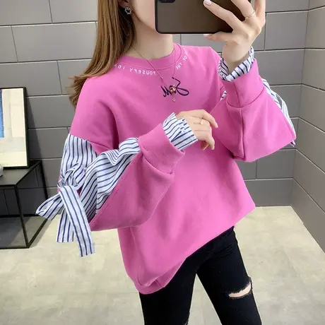 假两件卫衣女春秋薄款2022年新款韩版宽松潮ins条纹拼接套头外套图片