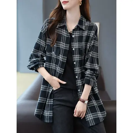 宝诗黎内搭背心长袖格子衬衫两件套2023春秋季新款宽松开衫上衣女商品大图