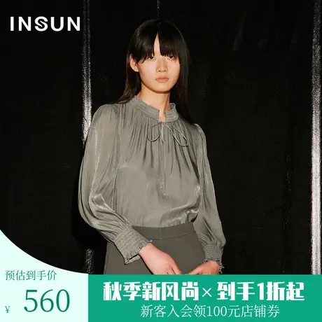 [鎏金系列]恩裳COVER2023秋新款打揽捏褶立领泡泡袖系带宫廷衬衫图片