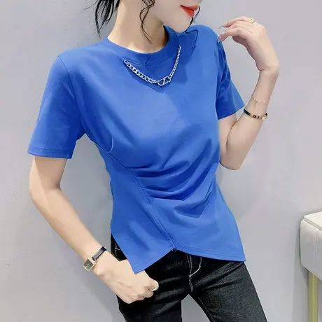 设计感项链下摆开叉T恤女短袖百搭洋气圆领上衣个性不规则半袖潮商品大图