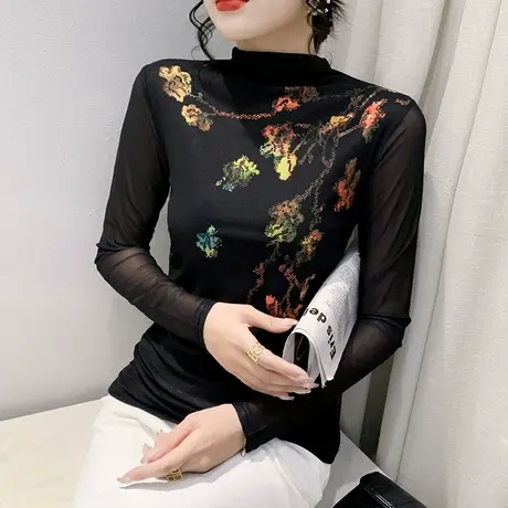 半高领打底衫女士内搭春秋性感网纱气质上衣漂亮减龄修身T恤长袖图片