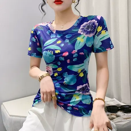 气质减龄网纱小衫女夏季新款时尚洋气圆领T恤短袖漂亮印花上衣ins商品大图