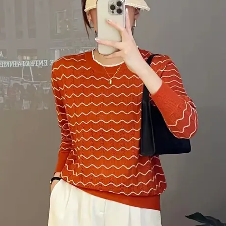 秋装2023年新款圆领条纹针织打底衫女薄款内搭宽松洋气百搭上衣女图片