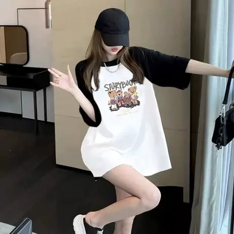 复古插肩短袖t恤女2023夏新款宽松长款黑白撞色遮臀纯棉百搭上衣商品大图