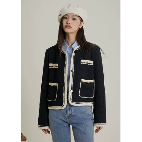 弥古小香风针织外套开衫外搭女2023新款秋冬高级感黑色粗花呢上衣商品大图