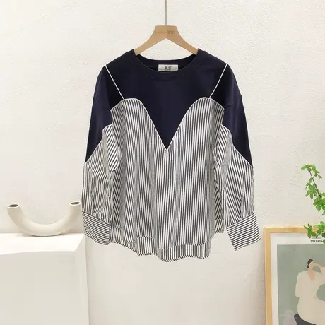 小众设计感上衣2022秋装新款韩国东大门时髦假两件衬衫竖条纹大码图片