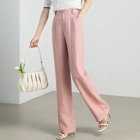 粉色天丝亚麻阔腿裤女夏季薄款2023新款冰丝裤子夏休闲窄版直筒裤商品大图